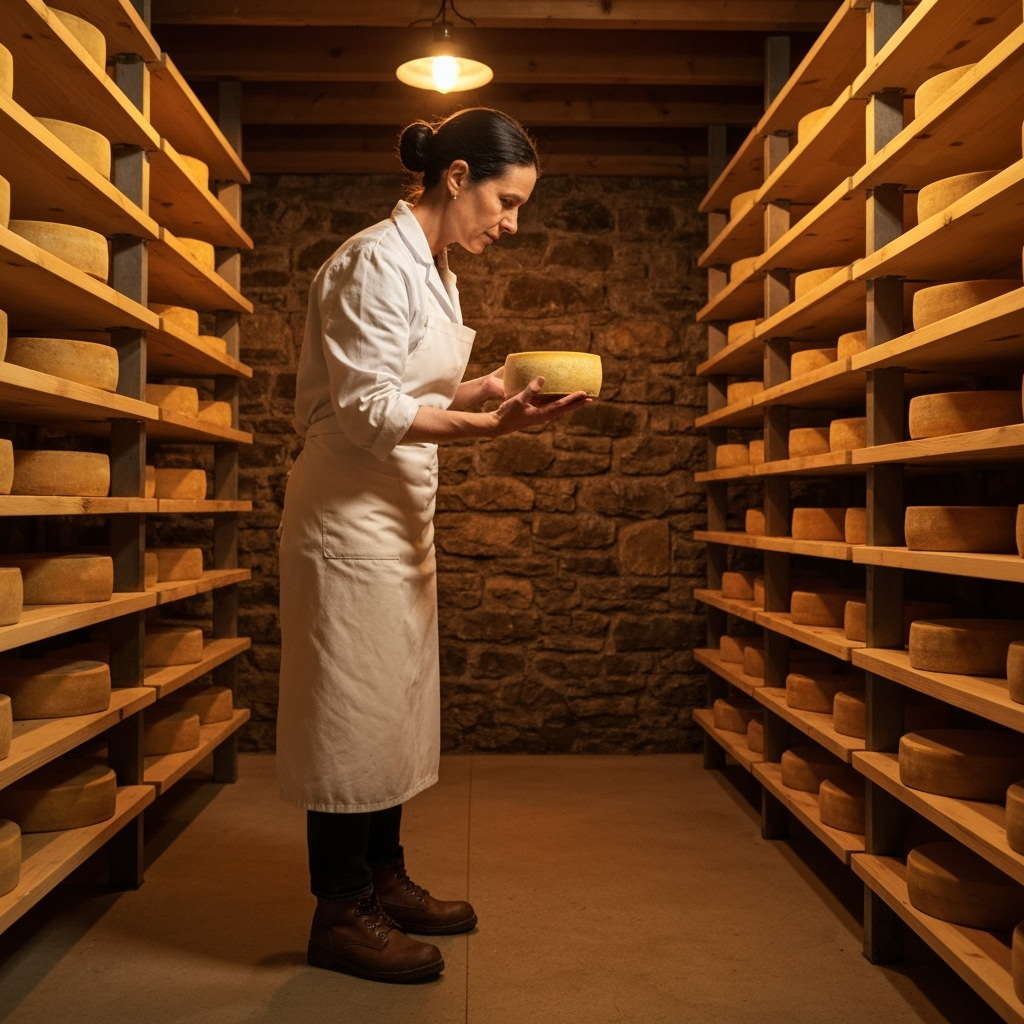 Professional artisan food production & specialty dairy photo example for Aged to Perfection: AI Photos for Artisan Cheese Makers and Specialty Dairy Craftspeople