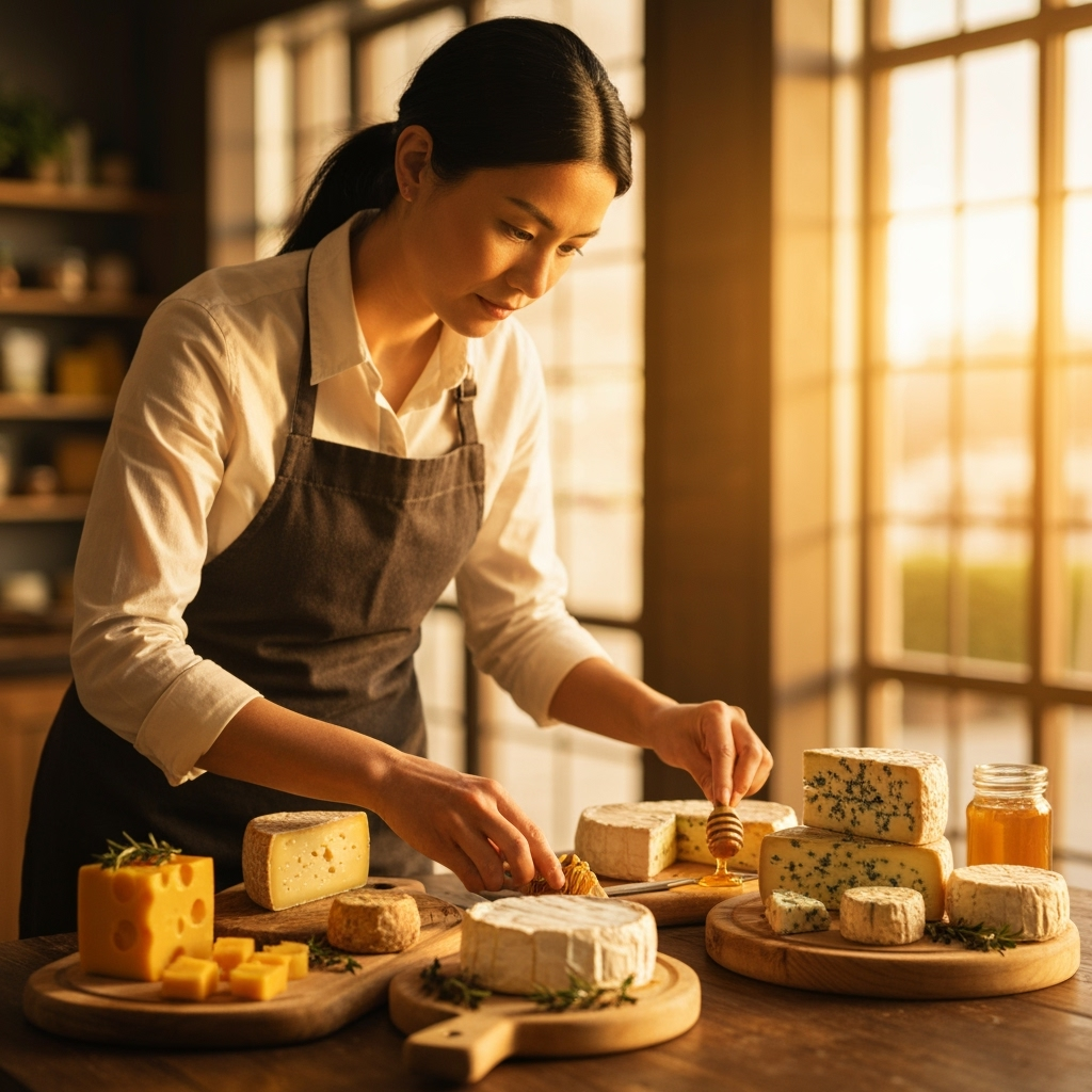 Professional artisan food production & specialty dairy photo example for Aged to Perfection: AI Photos for Artisan Cheese Makers and Specialty Dairy Craftspeople