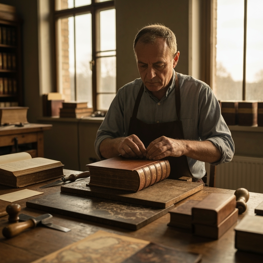 Professional artisan crafts & literary conservation photo example for Literary Revival: AI Photos for Book Repair Artisans and Manuscript Restoration Specialists