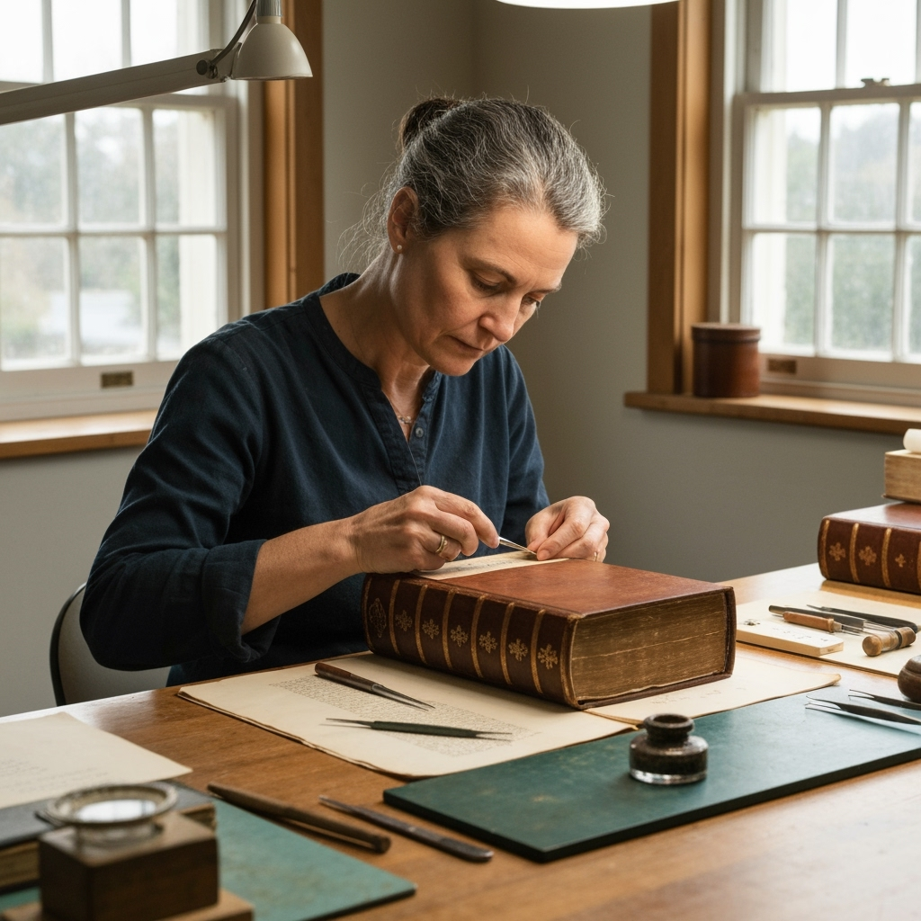 Professional literary arts & book conservation photo example for Page Perfect: AI Photos for Book Restoration Artisans and Rare Book Collectors
