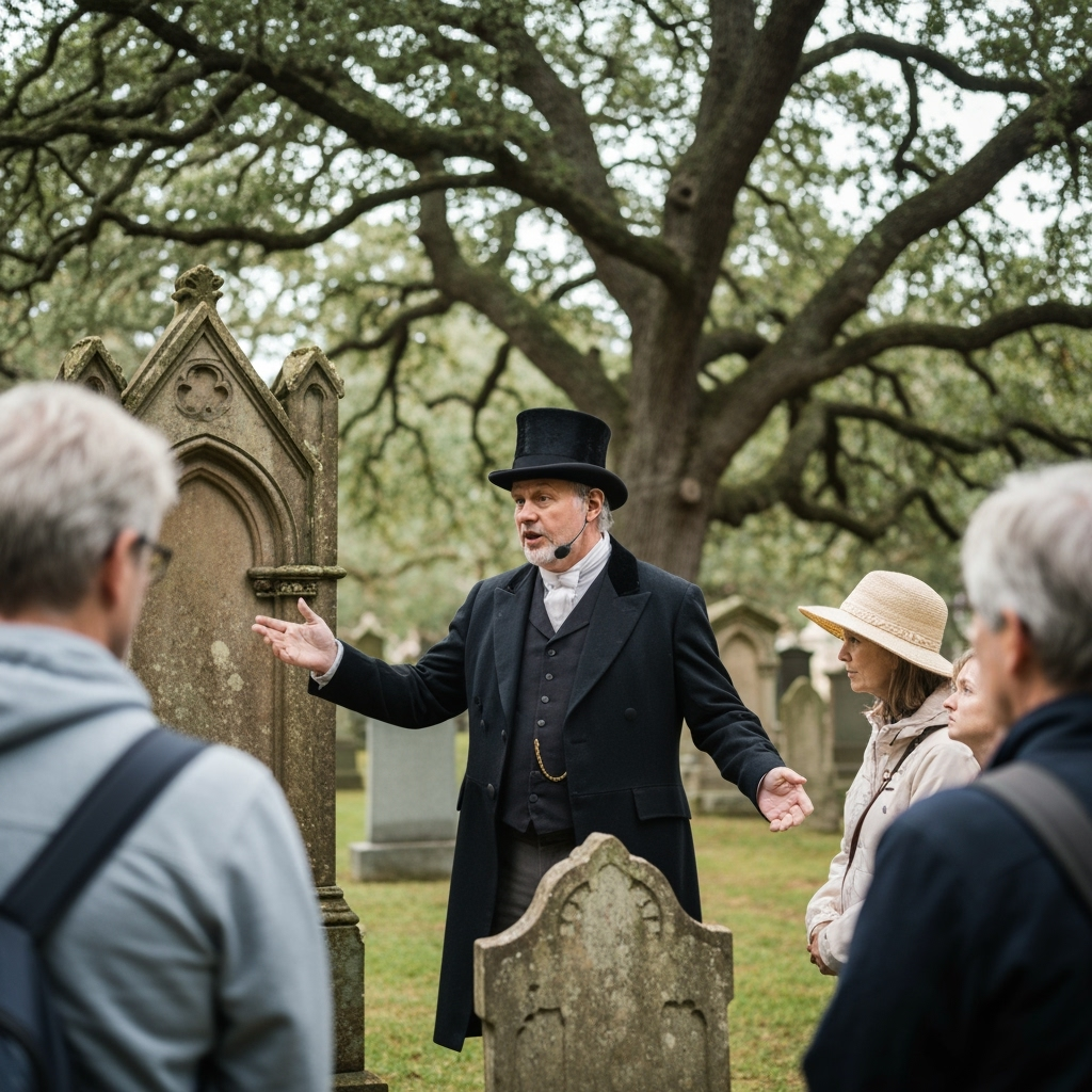 Professional historical tourism & cultural death education photo example for Stories in Stone: AI Photos for Cemetery Tour Guides and Historical Death Culture Educators