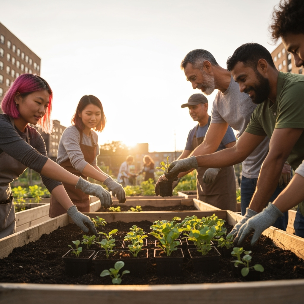 Professional community agriculture & social impact photo example for Seeds of Connection: AI Photos for Community Garden Coordinators and Neighborhood Growing Initiatives