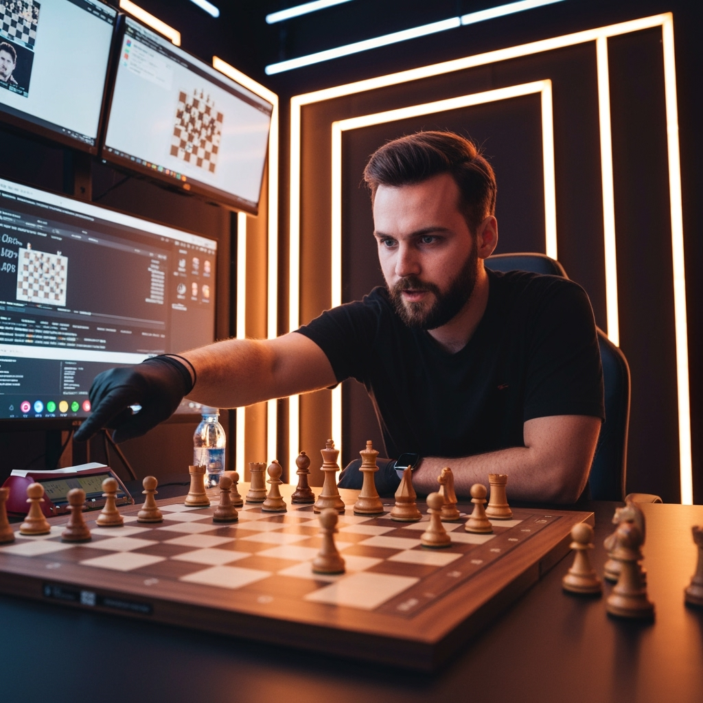 Professional gaming content creation & chess education photo example for Grandmaster Streaming: AI Photos for Chess Content Creators and Tournament Broadcasters