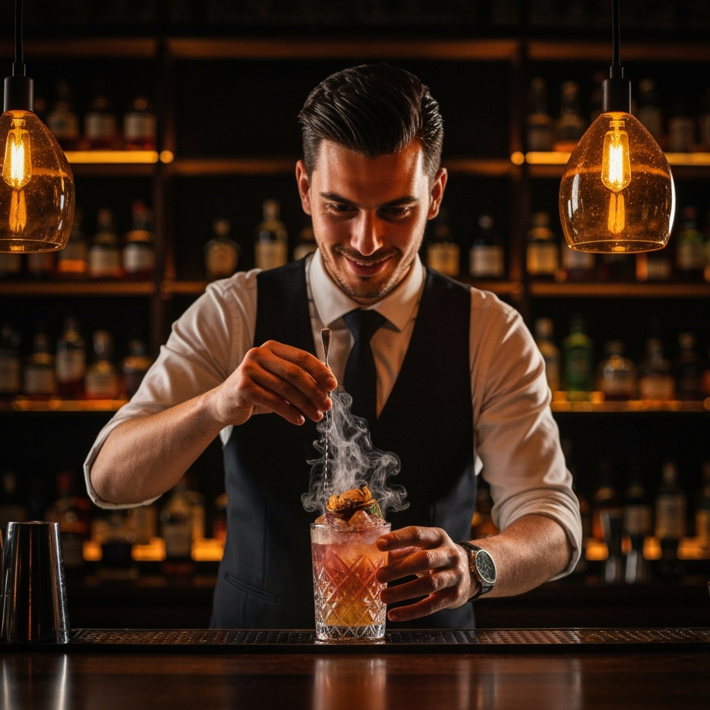 Professional hospitality & beverage arts photo example for Liquid Artistry: AI Photos for Craft Cocktail Bartenders and Mixology Masters