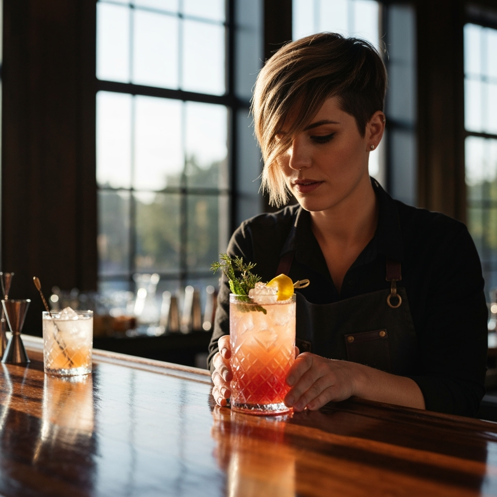 Professional hospitality & beverage arts photo example for Liquid Artistry: AI Photos for Craft Cocktail Bartenders and Mixology Masters