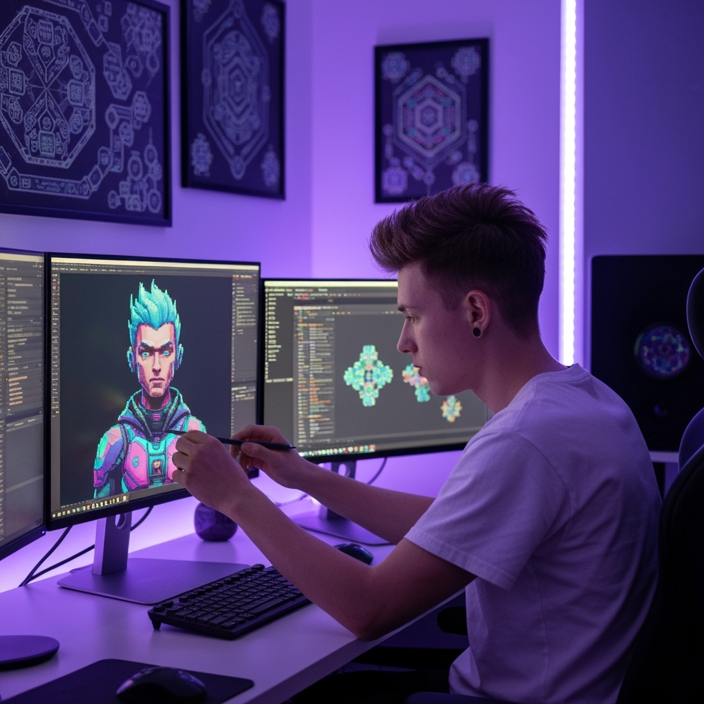 Professional digital art & nft creation photo example for Pixel Perfect Profits: AI Photos for Digital Artists and NFT Creators in the Blockchain Era
