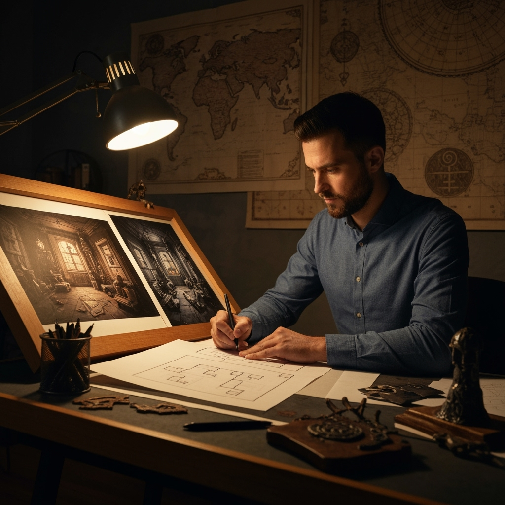 Professional entertainment design & puzzle creation photo example for Puzzle Master's Vision: AI Photos for Escape Room Designers and Immersive Experience Creators