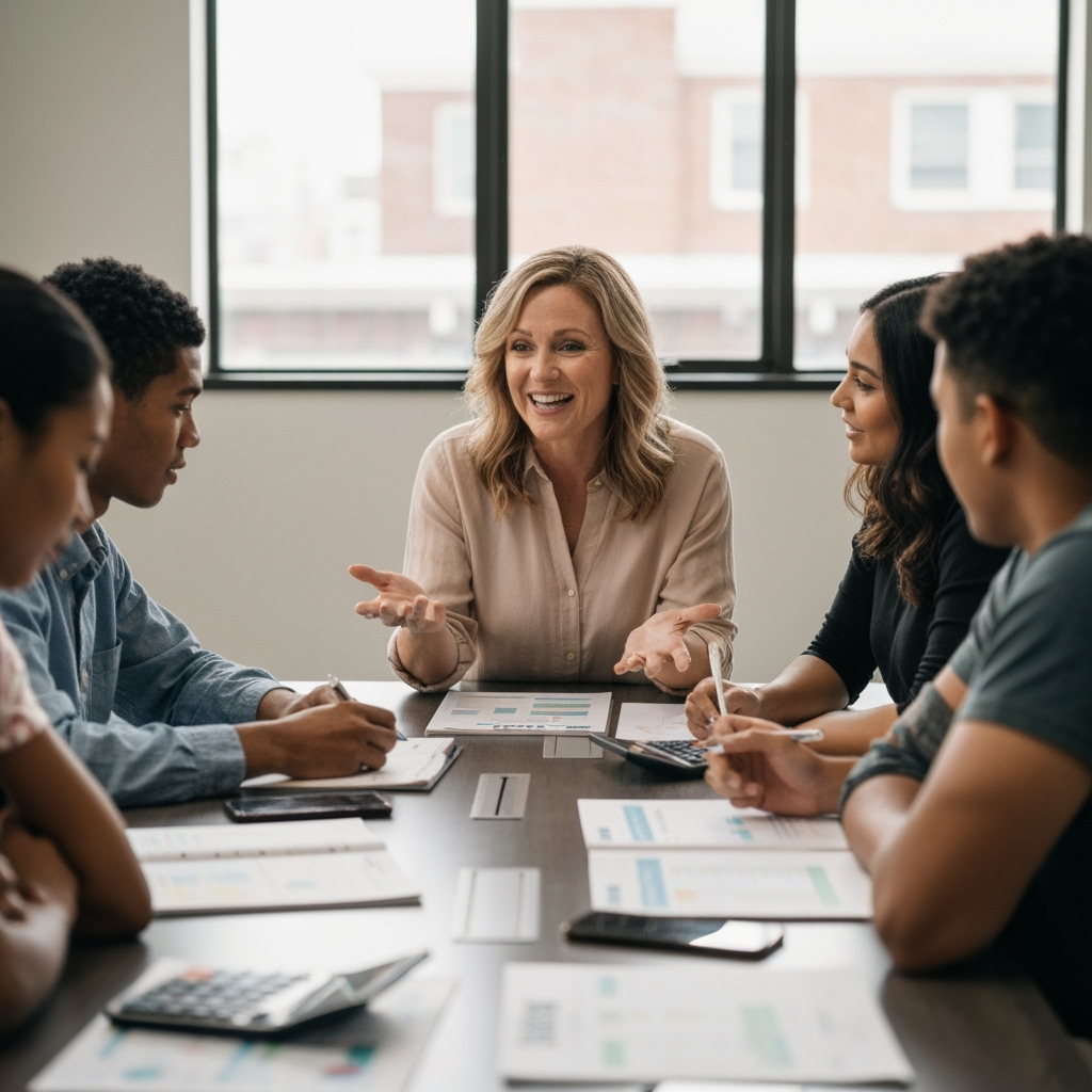 Professional financial education & coaching photo example for Money Matters Visually: AI Photos for Financial Literacy Educators and Personal Finance Coaches