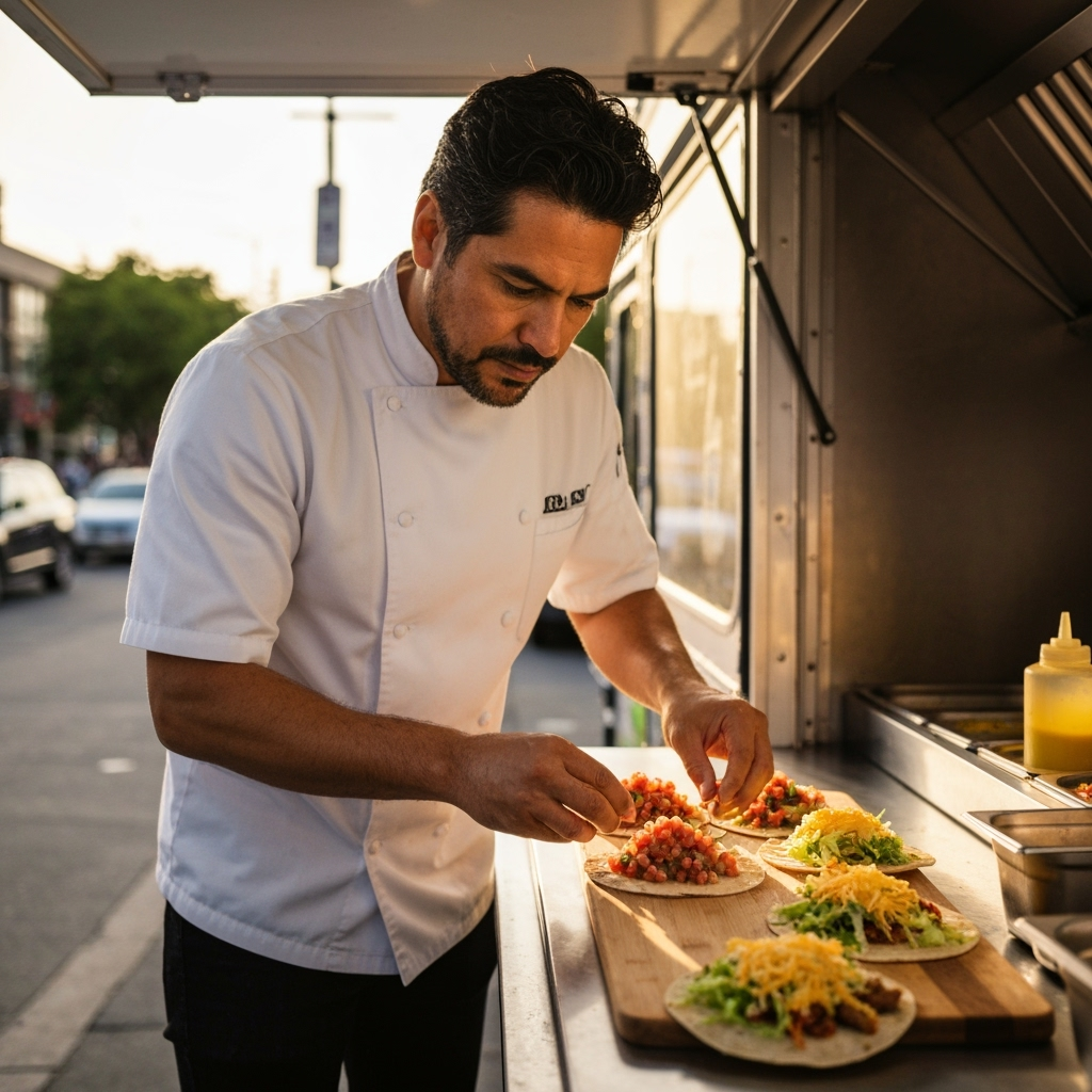 Professional festival food business & street vendor marketing photo example for Festival Circuit Success: AI Photos for Food Truck Vendors and Street Food Festival Champions