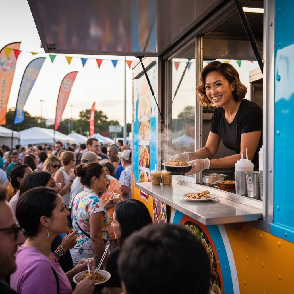 Professional festival food business & street vendor marketing photo example for Festival Circuit Success: AI Photos for Food Truck Vendors and Street Food Festival Champions