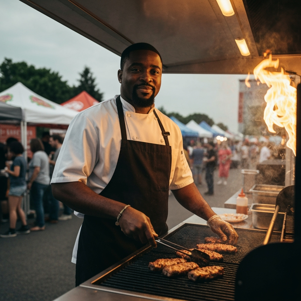 Professional festival food business & street vendor marketing photo example for Festival Circuit Success: AI Photos for Food Truck Vendors and Street Food Festival Champions