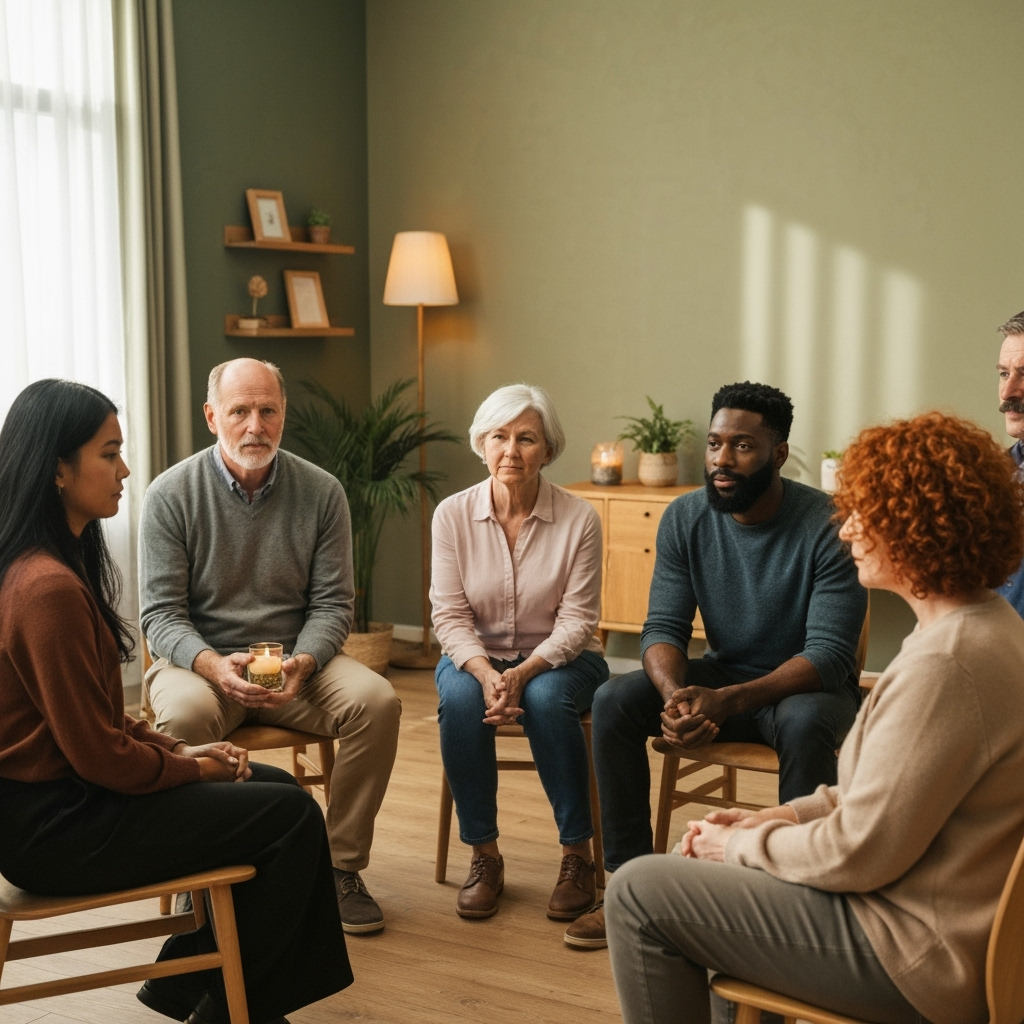 Professional grief support & community healing photo example for Healing Together: AI Photos for Grief Support Group Facilitators and Loss Community Leaders