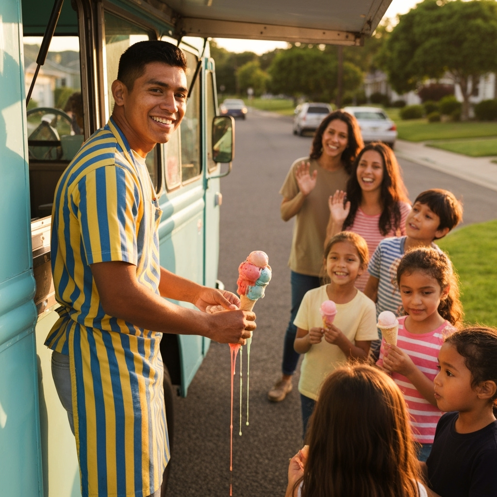 Professional mobile dessert business & nostalgic food marketing photo example for Sweet Street Success: AI Photos for Ice Cream Truck Operators and Mobile Dessert Entrepreneurs