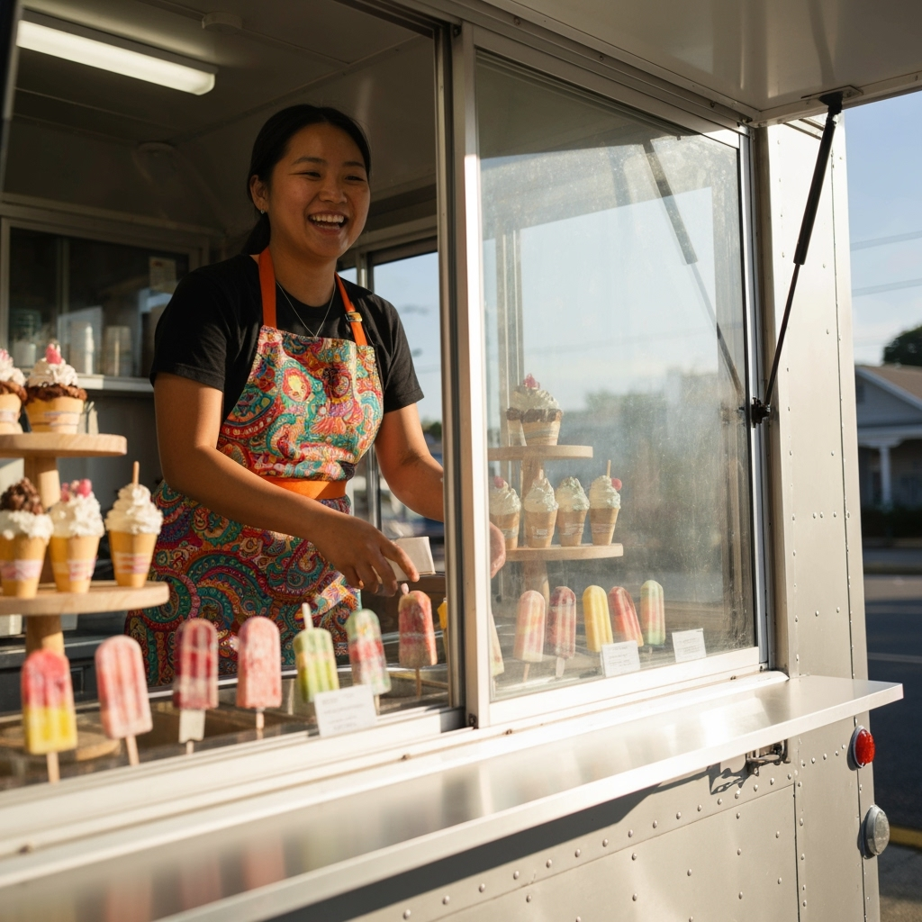 Professional mobile dessert business & nostalgic food marketing photo example for Sweet Street Success: AI Photos for Ice Cream Truck Operators and Mobile Dessert Entrepreneurs