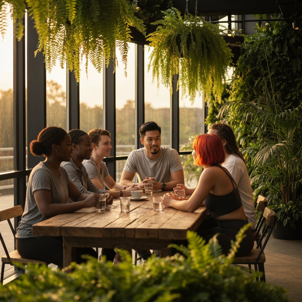 Professional botanical business & green hospitality photo example for Green Sanctuary Business: AI Photos for Plant Cafe Owners and Botanical Social Spaces