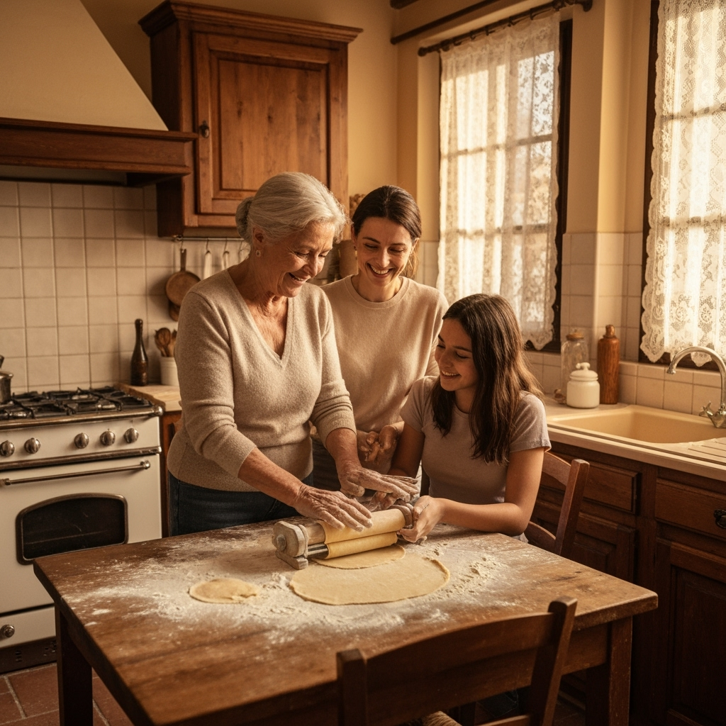 Professional family heritage & culinary traditions photo example for Recipe Legacy: AI Photos for Intergenerational Cooking and Family Food Traditions