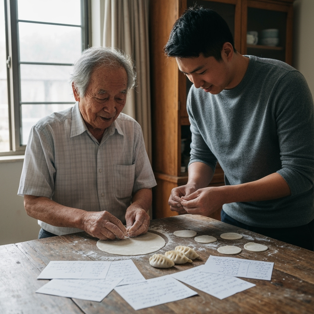 Professional family heritage & culinary traditions photo example for Recipe Legacy: AI Photos for Intergenerational Cooking and Family Food Traditions
