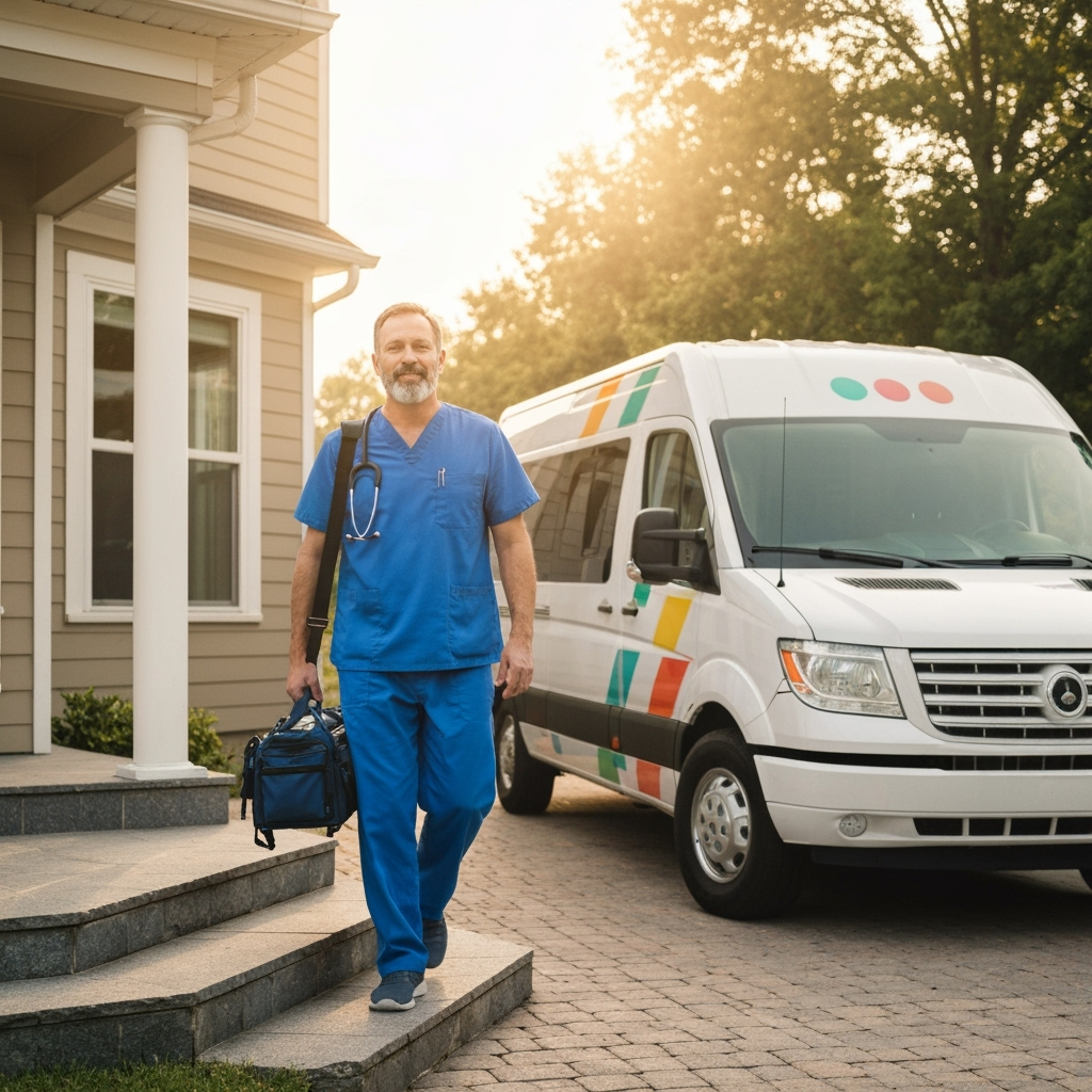 Professional mobile veterinary services & pet healthcare photo example for Compassionate Care on Wheels: AI Photos for Mobile Veterinarians and House Call Pet Services