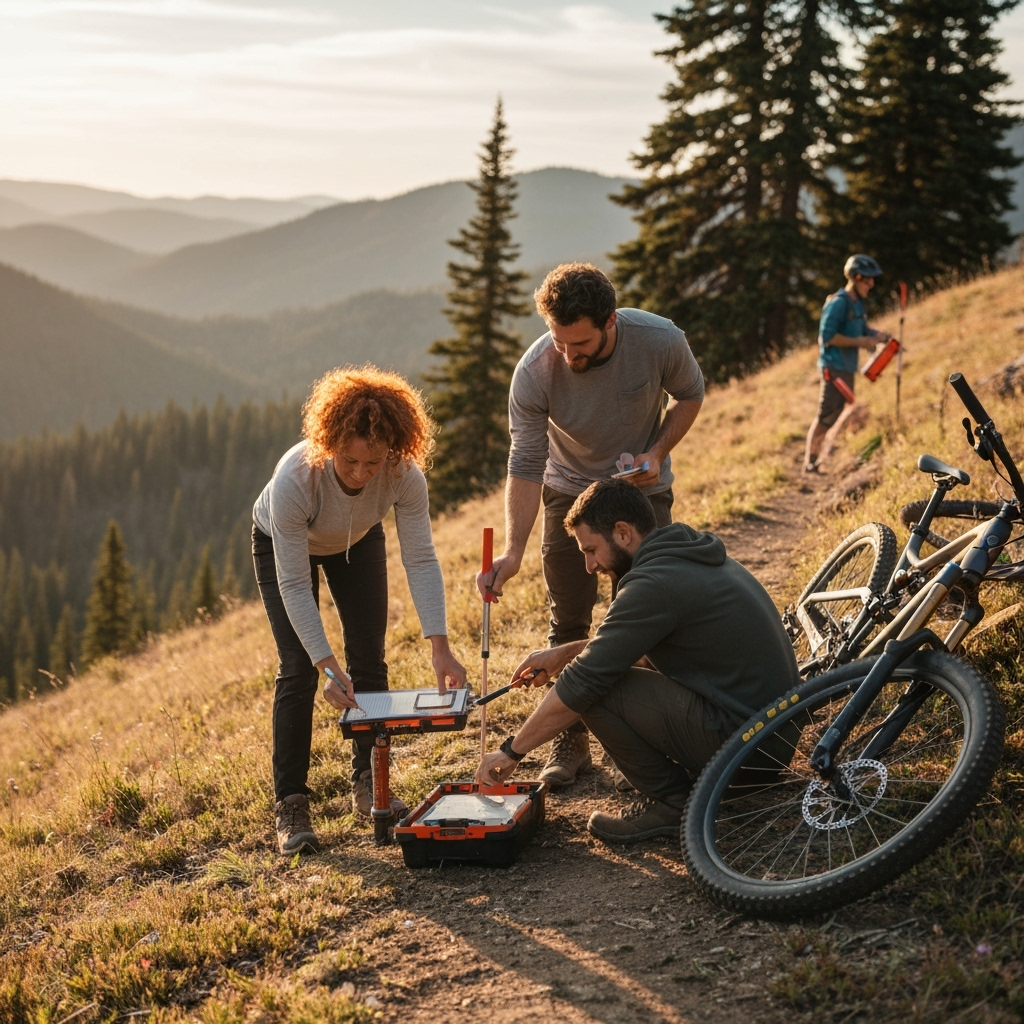 Professional outdoor conservation & trail advocacy photo example for Trail Blazing Advocacy: AI Photos for Mountain Biking Trail Builders and Conservation Champions