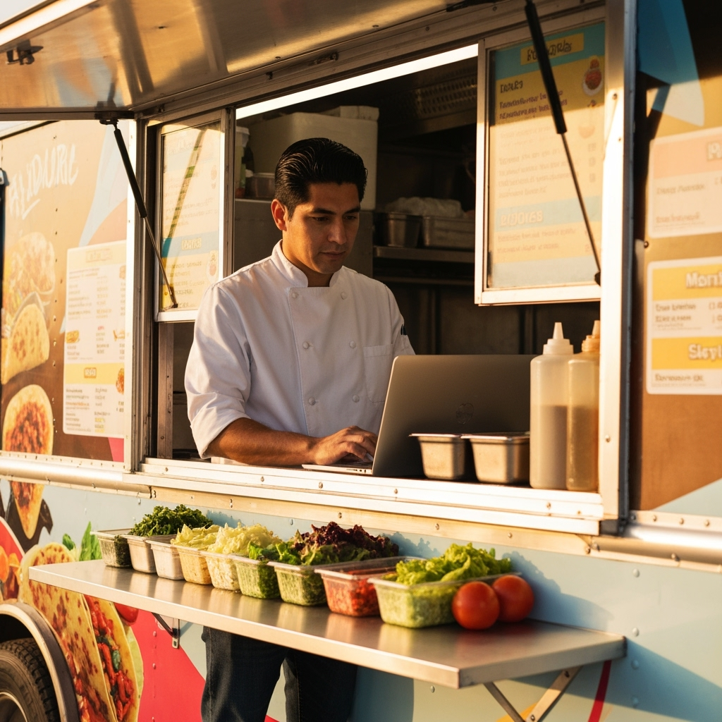 Professional mobile food business photo example for Rolling Success: AI Photos for Food Truck Owners and Mobile Culinary Entrepreneurs