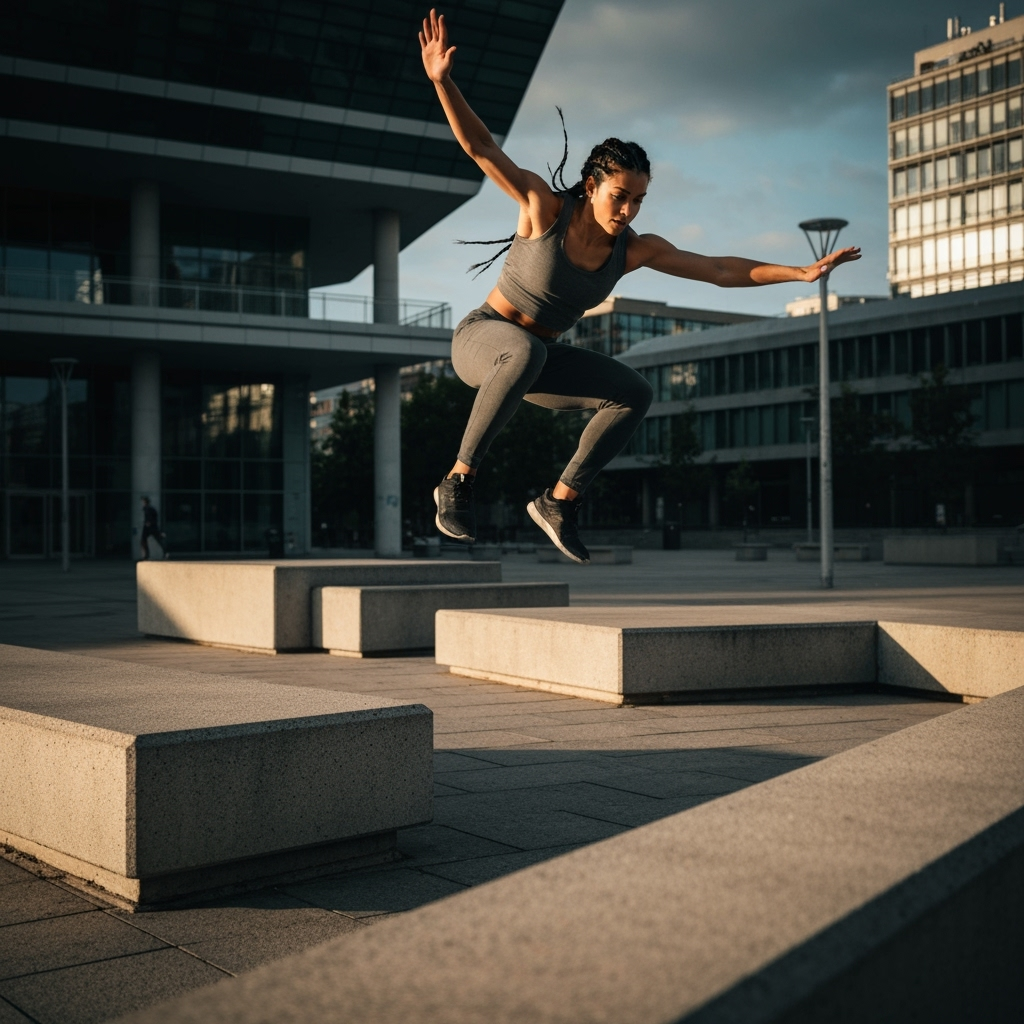 Professional urban athletics & movement photo example for Urban Flow: AI Photos for Parkour Athletes and Freerunning Communities