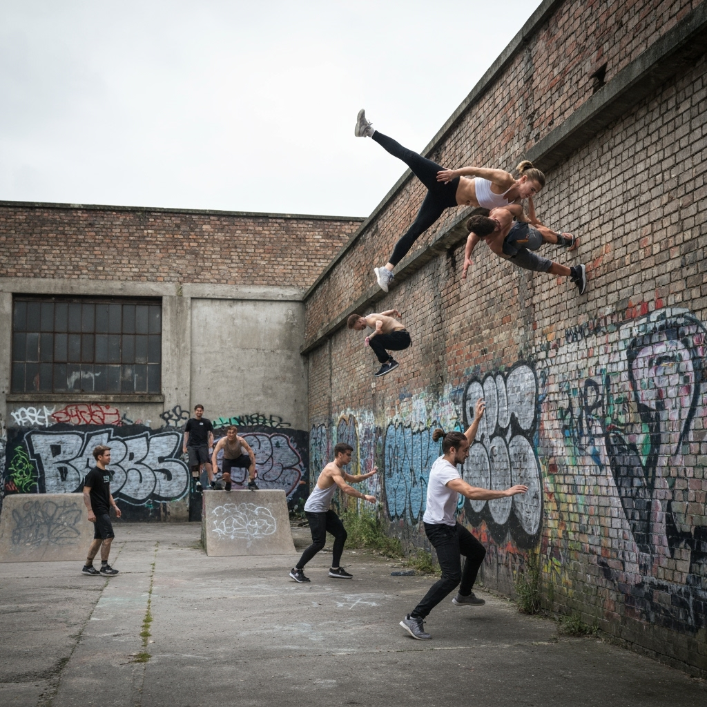 Professional urban athletics & movement photo example for Urban Flow: AI Photos for Parkour Athletes and Freerunning Communities