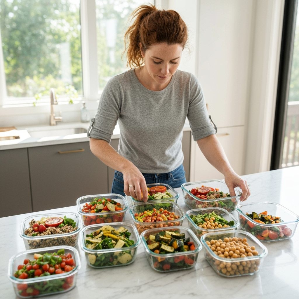 Professional plant-based nutrition & meal preparation photo example for Prep Day Perfect: AI Photos for Plant-Based Meal Prep Enthusiasts and Batch Cooking Specialists