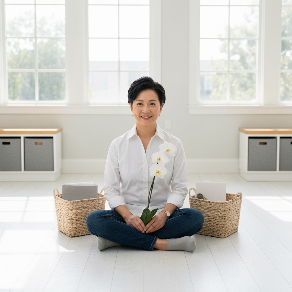 Professional home organization & minimalist coaching photo example for Space & Serenity: AI Photos for Professional Declutterers and Minimalism Transformation Coaches