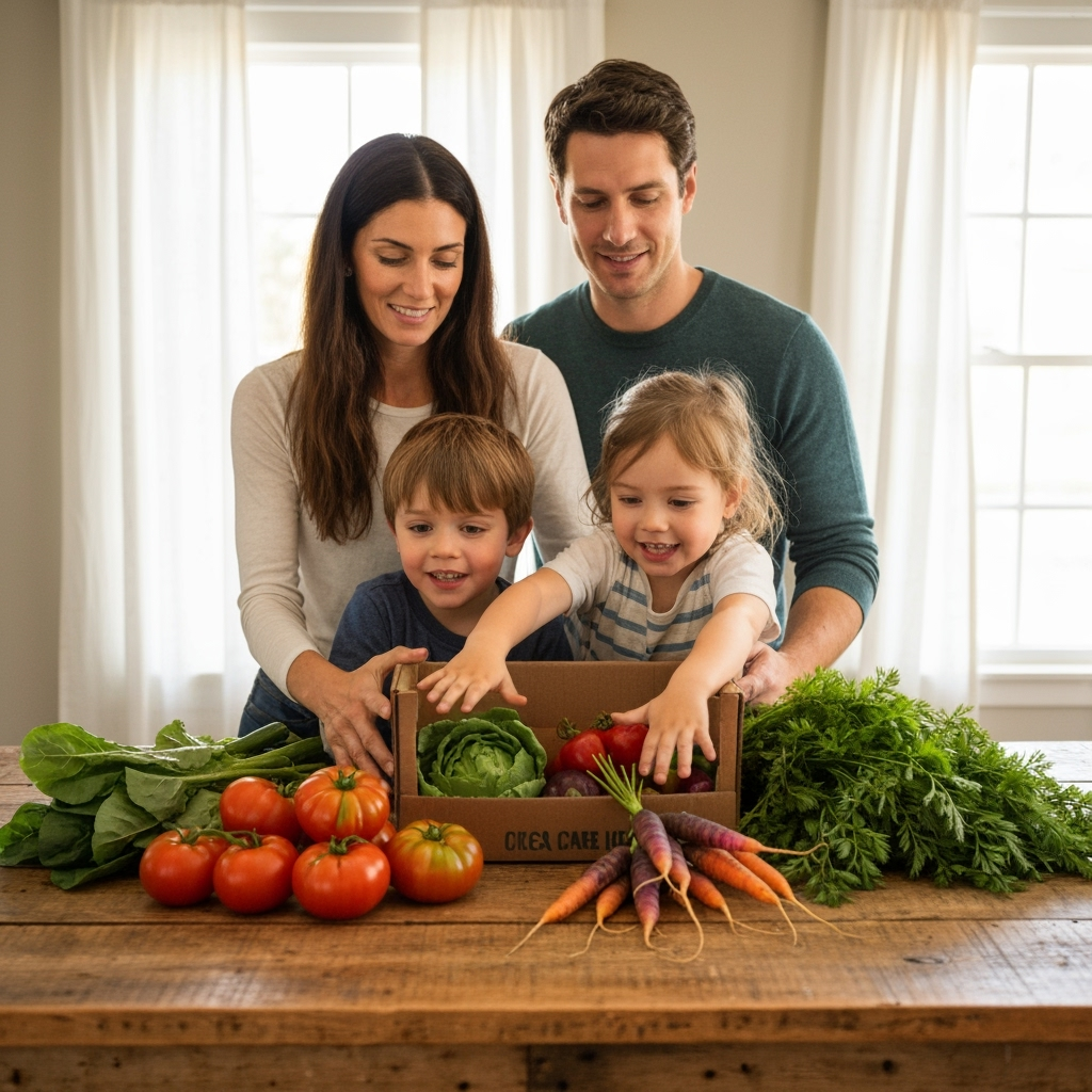 Professional local food systems & seasonal eating photo example for Harvest Connection: AI Photos for CSA Members and Seasonal Farm Share Enthusiasts