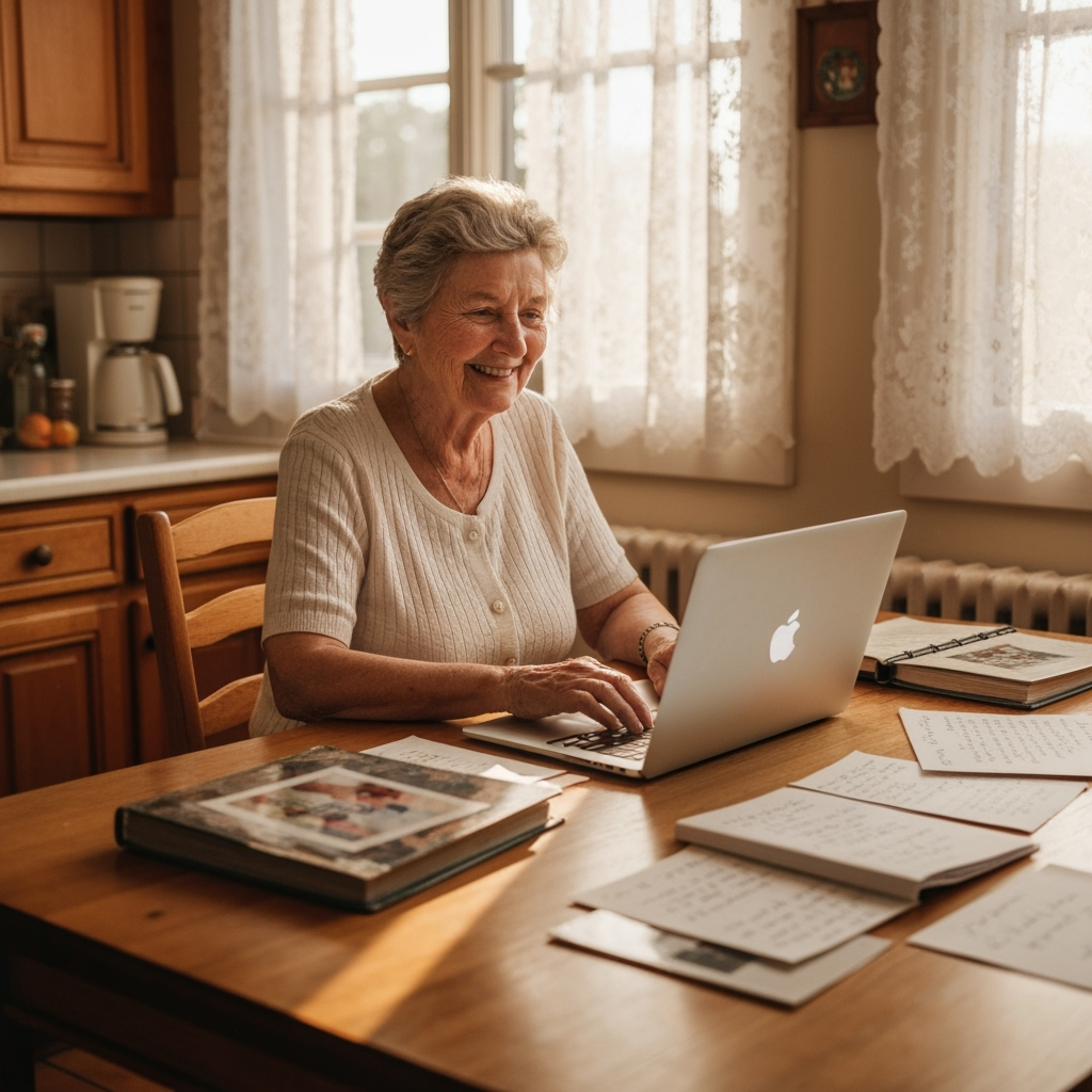 Professional intergenerational digital connection photo example for Legacy Living: AI Photos for Grandparents Sharing Stories with Digital Grandchildren