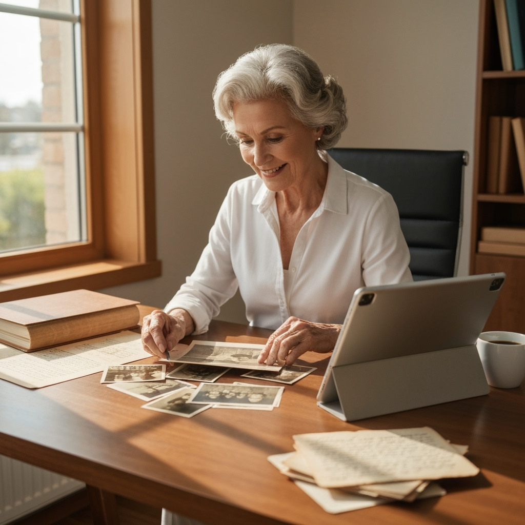 Professional intergenerational digital connection photo example for Legacy Living: AI Photos for Grandparents Sharing Stories with Digital Grandchildren