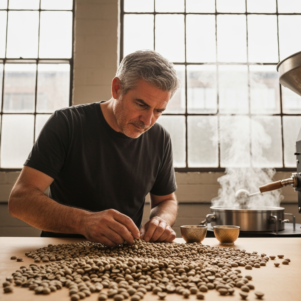 Professional artisan coffee & specialty roasting photo example for Bean to Brand: AI Photos for Specialty Coffee Roasters and Artisan Bean Craftspeople